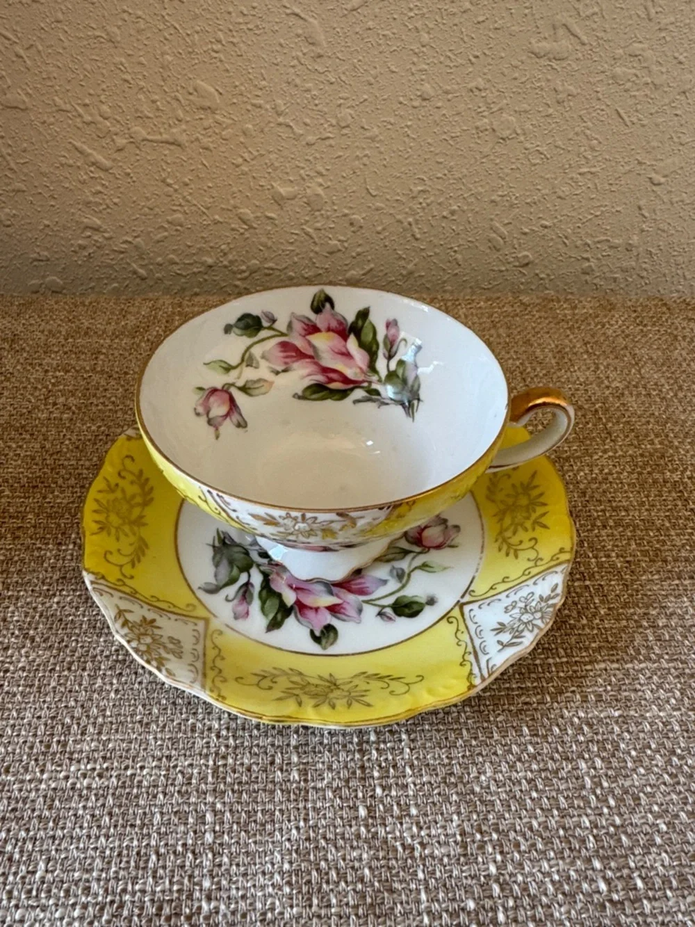 Yellow Floral Teacup and Saucer - Classic Bone China - Picture 1 of 3
